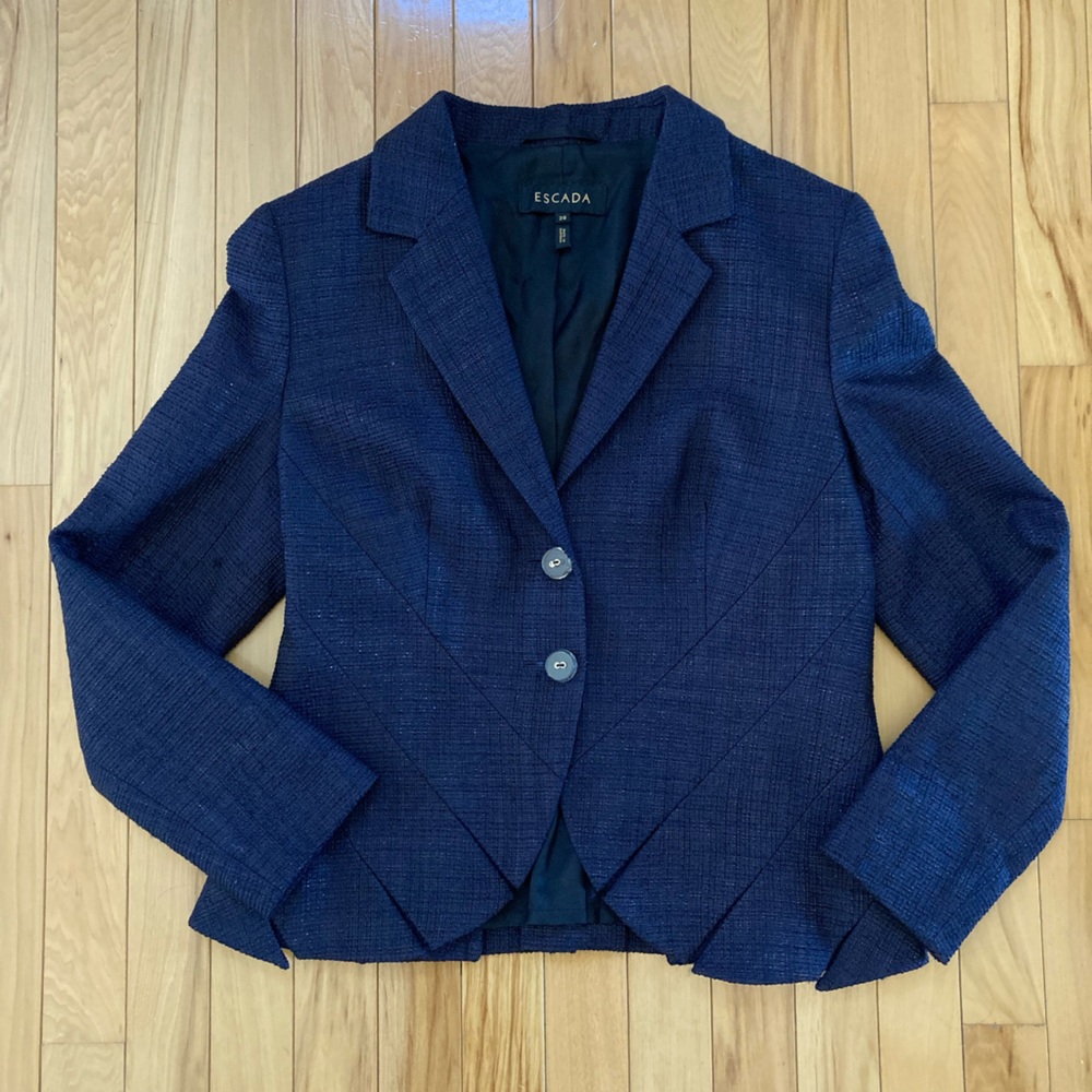 Navy Blue Escada Blazer with Subtle Shimmer and Textured Hemline